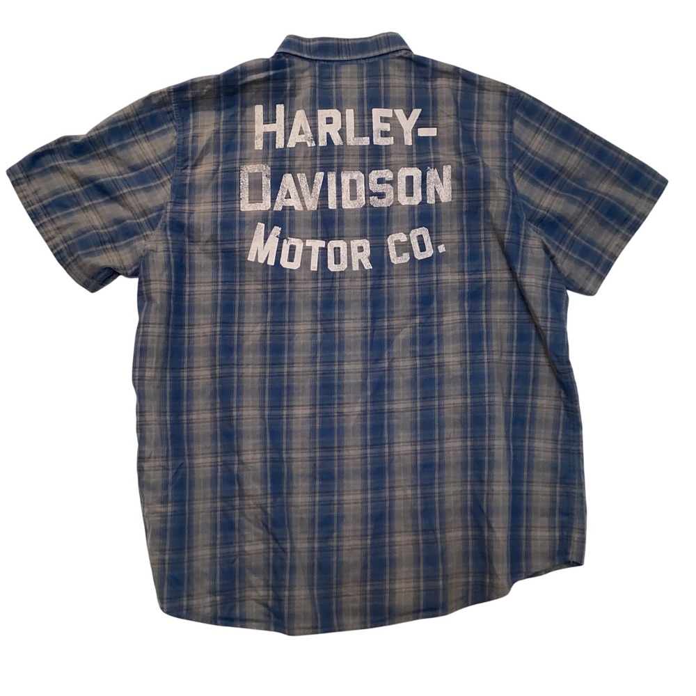 Harley-Davidson Mens 3XL Blue Plaid Short Sleeve Button Down Shirt Back Graphic
